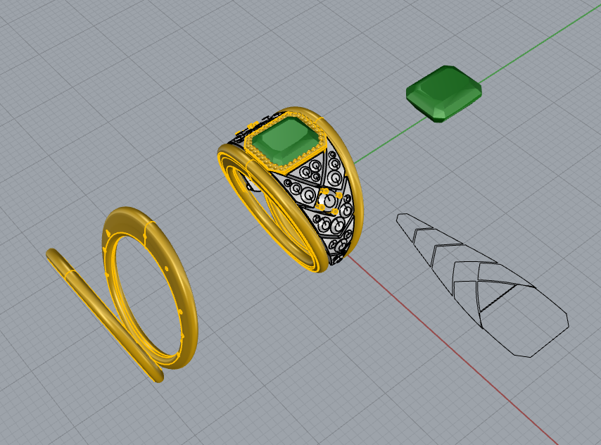 A 3D rendering of a gold ring with intricate black designs and a green stone, accompanied by simple geometric shapes representing design elements.